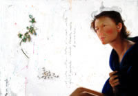 Omaggio a Bona Sforza - Nec spe, nec metu_tm su tela 80x90x4 - Con sintetica neofigurazione, una giovanetta convive sulla tela con un singolare collage di sedano e veri fagioli